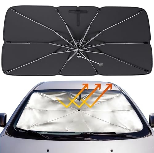 Parasol Paraguas Plegable de Coche - Protección UV y Reducción de Calor para Parabrisas - Fácil de Instalar y Guardar - Universal para Coches, SUVs (138x79cm)