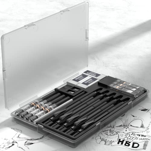 Nicpro 5 Pcs Art Mechanical Pencils Set, Black Artist Metal Drafting Pencil 0.5 & 0.7 & 0.9 Mm & 2Pcs 2Mm Graphite Lead Holder(4B 2B Hb 2H) For Drawing Writing Sketching With Lead Refills Erasers Case #TOP5