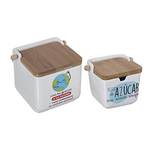 TIENDA EURASIA® Salero y Azucarero de Cocina - Cerámica con Tapa de Bambú - Diseño Original (EL Mundo Entero Y Besos)