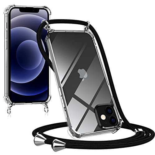 OPAMOO Handykette für iPhone 12/12 Pro, Transparent Hülle für iPhone 12 mit Abnehmbar Necklace Fallschutz Anti-Scratch Schutzhülle Durchsichtige für iPhone 12 Pro mit Kette zum umhängen in schwarz