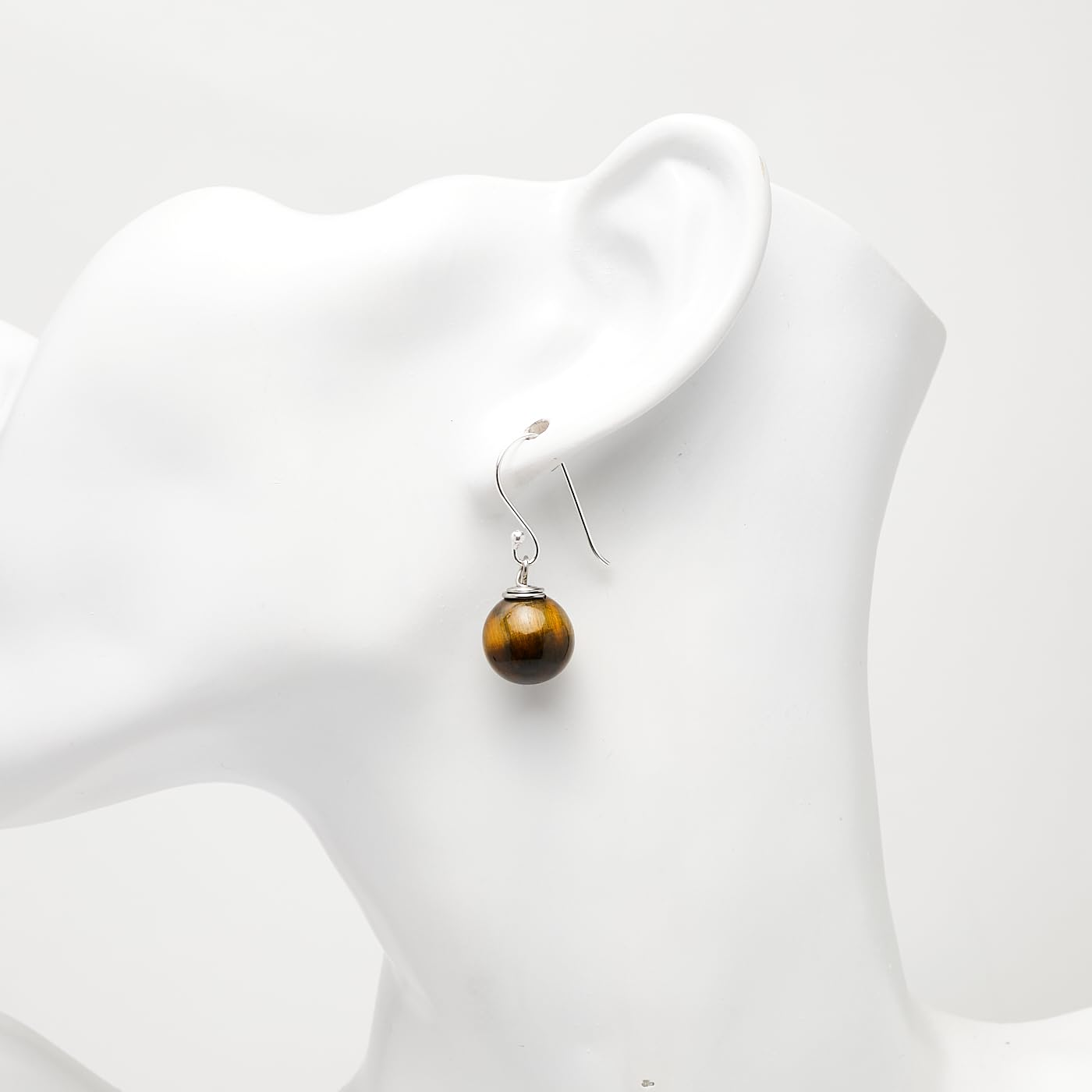 Pendientes colgantes de plata de ley con piedras preciosas naturales hechos a mano para mujer Pendientes con cuentas de bola de 12 mm | Regalo para mujeres, niñas. (Ojo de tigre marrón)