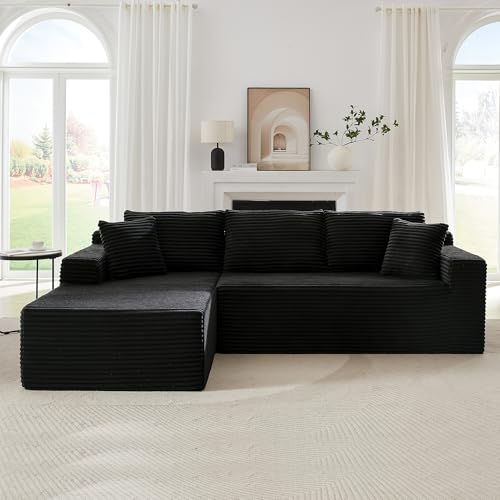 GNIXUU Black Corduroy Boneless Sectional Couches for Living Room, Fluffy Cloud Modular Sofa with L-Shape Chaise, Modern Comfy Deep Compress Sofa with Memory Foam, No Assembly Required