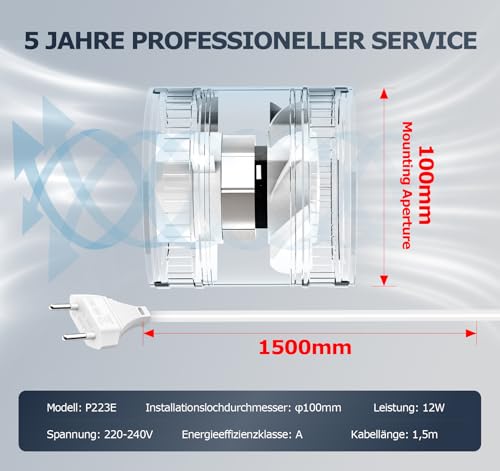BUMSOU Rohrventilator 100 mm Regelbare Geschwindigkeit, 145m³/h Rauchabzug Ventilator, Rohrlüfter Leise mit Doppelkugellagermotor, Inline Abluftventilator, Bad Lüfter für Gewächshaus Zelt Garage WC