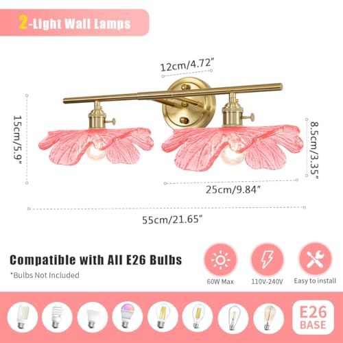 Image of Pink Glass Wall Sconce Light Gold Brass Bathroom Vanity Lights | 2 Light, Bathroom Lights Over Mirror, Vintage, MCM, Grils Room,Bedside,Doorway, E26, Easy to Install, Wall Sconce, Wall Light