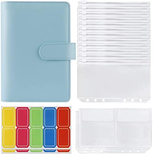 A6 PU Leather Notebook Binder with 12pcs Plastic Binder Pockets, 6 Ring Binder Budget Envelope System, Budget Envelopes, Binder Cover with Label Stickers (Black)