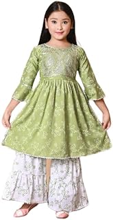 Kids Ethnic Wear Cotton Floral Printed Angrakha Kurta Sharara Set For Girls Price In India