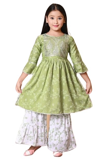 Image of Nfashion Kids Ethnic Wear Cotton Floral Printed Angrakha Kurta Sharara Set For Girls