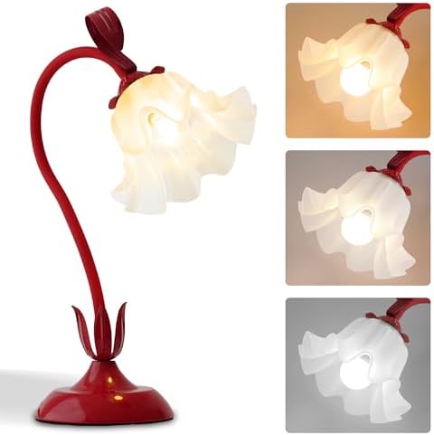 Flower Table Lamp,Bedside Table Lamp for Bedroom LED Reading Light 3 Color Modes,Vintage Flower Lamp Kawaii Table Lamps Desk Living Room Home Decor Mothers Day Birthday Gifts for Mom Women (Red lamp)