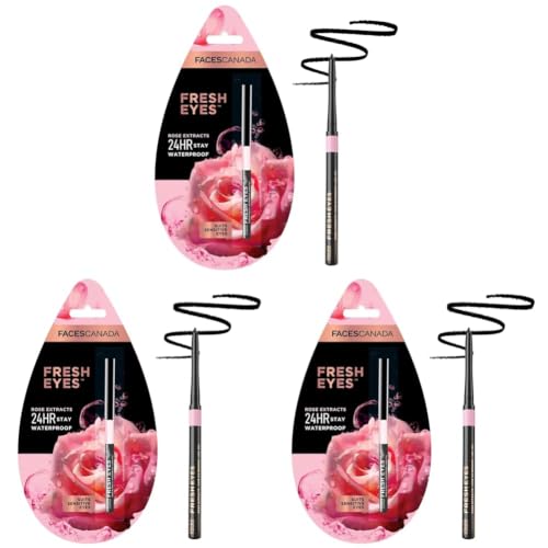 Image of FACESCANADA Fresh Eyes Kajal Stick, 0.35G | With Rose Extracts | 24Hr Waterproof | Suits Sensitive Eyes | Intense Black Matte Finish | Refreshes Tired Eyes | Gentle | Smudgeproof | Vegan (Pack of 3)