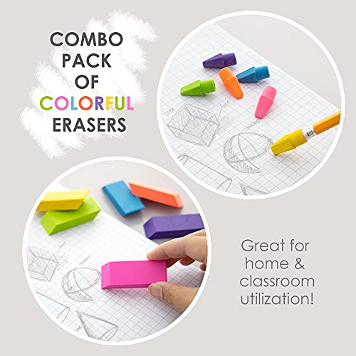Bazic Erasers + Pencil Top Erasers Set (12/Pack), Block Bevel Erasers Neon Color, Arrowhead Caps Tops, Latex Free, For Art Drawing School, 1-Pack #TOP1