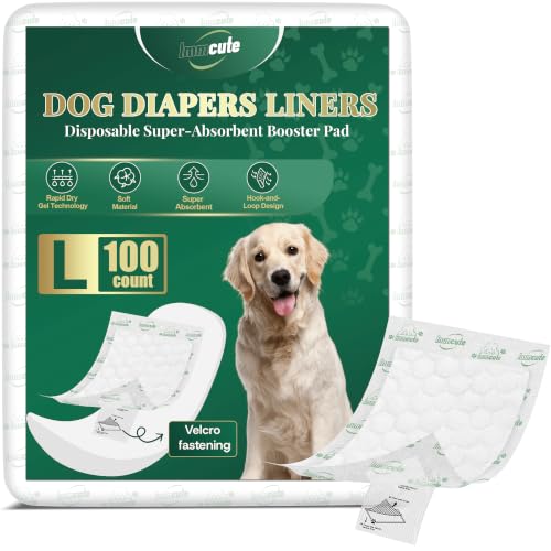 Image of IMMCUTE Dog Diaper Liners, 100 Count, Ultra Absorbent Booster Pads with Hook & Loop, Non-Slip Doggie Diaper Inserts for Male Dog Wraps,Female Dogs in Heat & Incontinence, Large