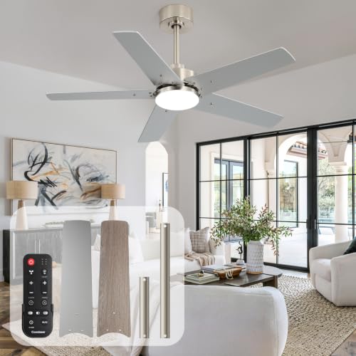 Image of 42 Inch Ceiling Fans with Lights and Remote, Bedroom Living Room Kitchen Home Office Indoor /Outdoor, 6CCT Dimmable, Dual Color 5 Blades, 6 Speed Reversible Quiet DC Motor, Sand-nickel /Wood Grain