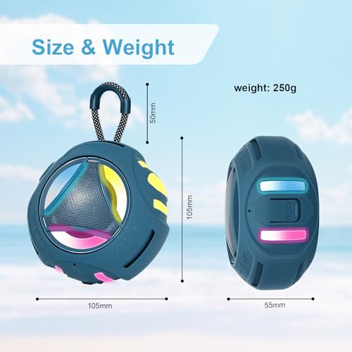 Image of Portable Bluetooth Speaker, IPX7 Waterproof Shower Speaker, Wireless Outdoor Speakers, Floating, Built-in Mic, 24H Playtime with LED Lights, Loud HD Sound, Powerful Bass, Gifts for Unisex - Blue