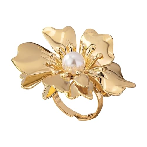 Image of IMINI Vintage Flower Pearl Ring, Gold Plated Adjustable Expandable Band – Trendy Vintage Floral Statement Jewellery for Women, Promise Wedding Party Gift, Comfort Fit Sizes Q to Y