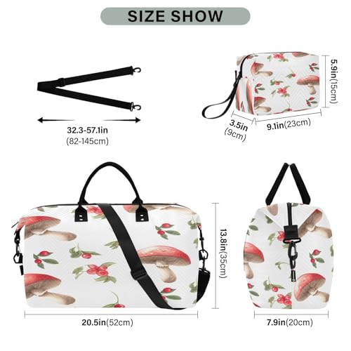 Large Foldable Travel Duffel Bag, Waterproof Gym Bag for Men & Women, Carry-On Luggage Weekender Overnight Bag, Mushrooms Red Berries3