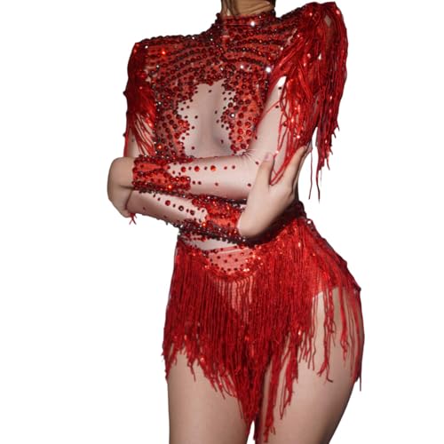 CELESINYI Women Sparkly Diamonds Sequins Bodysuit Singer Dancer Stage Wear Sexy Performance Latin Dance Costume Party Birthday Outfit (Red, One Size)