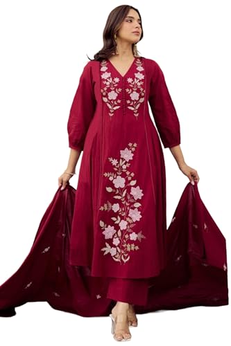 Image of ANNI Designer Kurta Set for Women Viscose Embroidered | Kurti Set for Woman | A Line Kurta Palazzo Dupatta 3 Piece Outfit | V Neck 3 /4 Sleeve Regular Fit Ethnic Dress Stylish Clothing