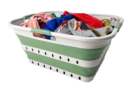 Image of SAMMART 42 (11 Gallons) Collapsible Plastic Laundry Basket, Foldable Pop Up Storage Container /Organizer, Space Saving Hamper, Portable Bin for Dorm Room Bathroom (1, Grey /Dark Sea Green)
