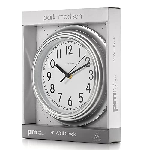 Park Madison Small Silver Wall Clock Quiet 9 Inch Quality Quartz Battery Operated Round Easy To Read Home/Office/Kitchen/Classroom/School Clock Classic Movement #TOP1