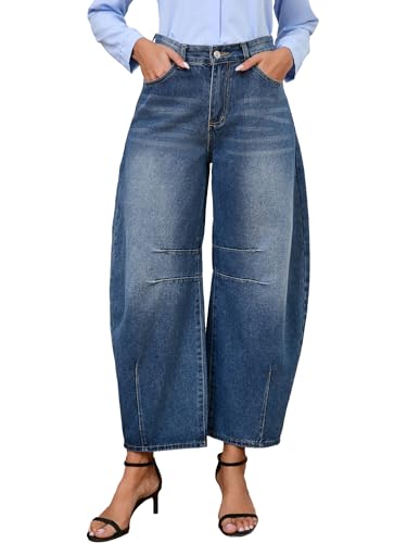 LaiyiVic Barrel Jeans for Women Wide Leg Mid Waist Cropped Denim Pants Baggy Boyfriend Jeans