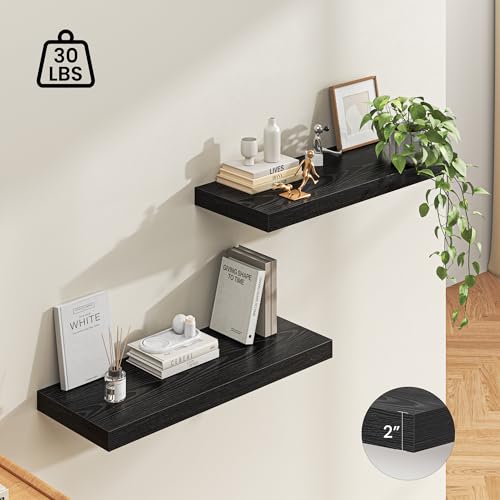 Image of Dreamland 36 inch Floating Shelves for Wall, 12 inch Deep Thicker Black Floating Shelves, Wall-Mounted Shelves for Bedroom, Living Room, Kitchen, Bathroom - Set of 2