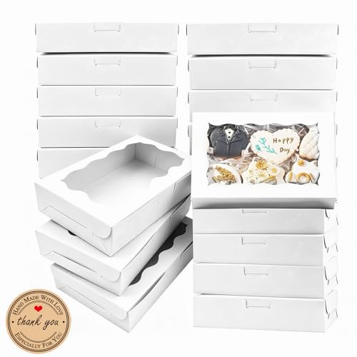 QingWing 20 pièces Boîtes à Cupcakes en Papier Blanc avec Fenêtre Transparente, 18 x 11 x 4cm Boîtes à Gâteaux Rectangulaires avec 21 Autocollants Ronds...