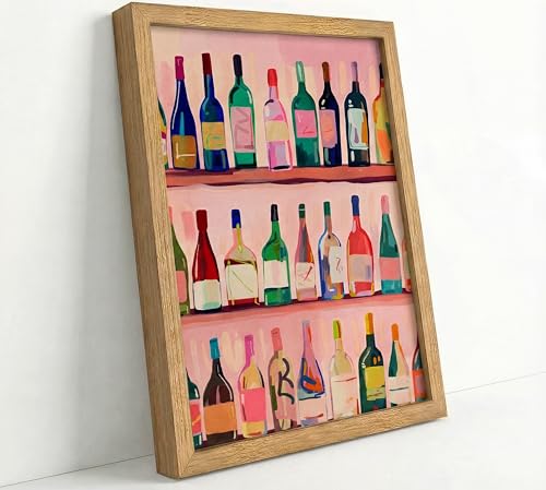 Framed Colorful Wine Bottle Wall Art Preppy Bar Cart Decor Aesthetic Kitchen Wall Decor Canvas Print Cute Beverage Artwork for Dining Room Apartment Housewarming Gift for Wine Lovers 8x10 Inch