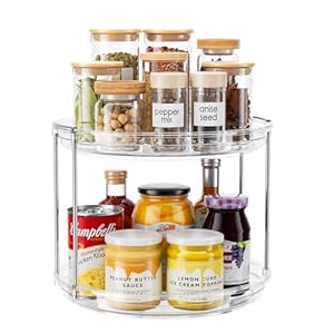 2 Tier Lazy Susan Organizer, 9.25” Lazy Susan Turntable for Cabinet, Stackable Turntable Organizer Rotating Spice Rack Organization for Kitchen Countertop, Pantry, Bathroom, Clear