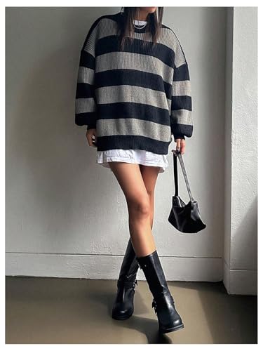 Floerns Women's Oversized Color Block Striped Pullover Crew Neck Long Sleeve Knit Sweater4