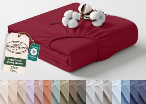 Image of Royale Linens 100% Organic Cotton King Fitted Sheet Only - Percale Weave - Super Soft Deep Pocket Bottom Sheets - Red Elastic Sheet - King Size Fitted Sheets Only - (78 inchx80 inch+15 inch, Red)