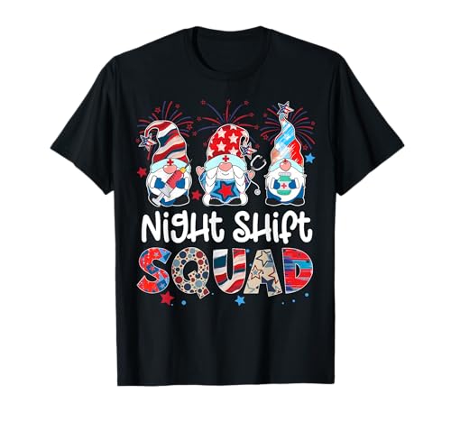Night Shift Squad Gnome Nurse Funny Stethoscope 4th of July T-Shirt