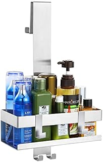 Emibele Shower Caddy Stainless Steel Hanging Glass Shower Shelf with Hooks, No Drilling Shower Basket Lotion Towel Holder for Bath Glass Door, Silver