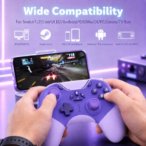 Image of aghi Bluetooth Phone Controller with Hall Effect Joysticks and Phone Clip | Wireless Gamepad for iPhone /Android /TV /PC /Steam /Switch 1 /2, with Lock Speed, Macro, 6-Axis Gyro, Vibration, Turbo, Purple