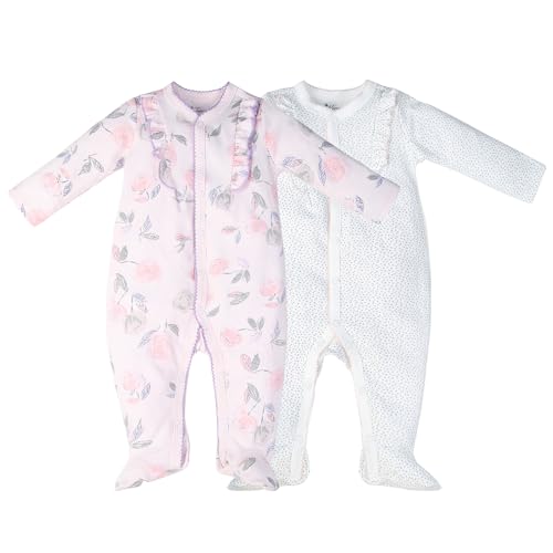 Image of Minicoco 100% Cotton Baby Girls Footies Set of 2, 0-12 Months Long Sleeve Soft and Comfortable Toddler Girls' Footed