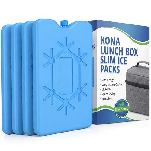Kona 4 Pack Slim Ice Packs for Lunch Boxes & Coolers – Reusable, Quick Freeze, Space Saving Freezer Packs – Small Thin Cold Packs (Blue)