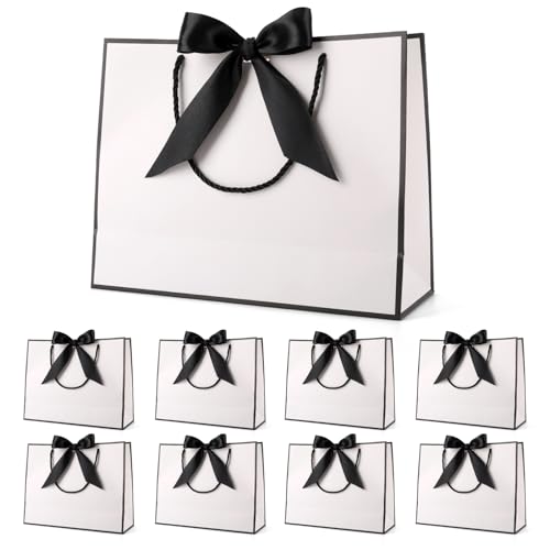 Lot de 8 sacs cadeaux avec nœud - Blanc - Pour anniversaire, mariage, festival, Noël - 32 x 25 x 10 cm - Blanc - Ruban noir