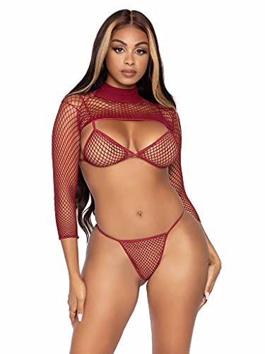 Leg Avenue Women's 3 Pc Fishnet Bikini and Crop Top Set, Burgundy, O/S