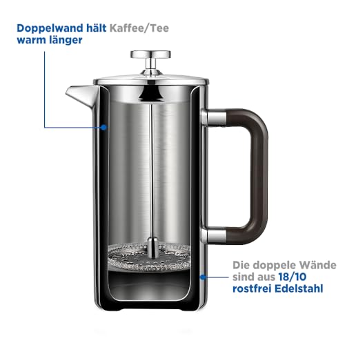 ecooe 1.5L French Press Kaffee Doppelwandiger Kaffeebereiter aus 18/10 Rostenfrei Edelstahl mit 3 Filtern Silber 1500ml 2