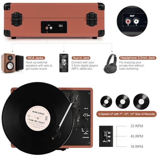 Image of Vinyl Record Player 3-Speed Bluetooth Suitcase Portable Belt-Driven Record Player with Built-in Speakers RCA Line Out AUX in Headphone Jack Vintage Turntable Brown