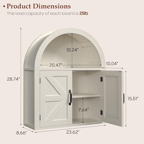Image of Arched Bathroom Wall Cabinet, Farmhouse Medicine Cabinet with Barn Door and with Adjustable Shelf, 23.6 x 28.7'' Wooden Storage Cabinet Wall Mounted for Bathroom Laundry Room Kitchen, Rustic White