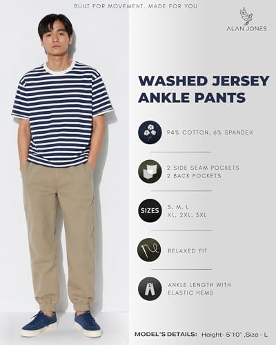 Image of Alan Jones Clothing Mens Washed Jersey Cotton Joggers Pants | Soft Stretch Cotton | Ankle Length with Elastic Hems