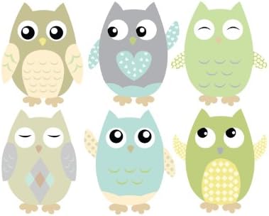 Owl Fabric Wall Decals, Set of 6 Owls Wall Stickers, Green, Taupe, Grey, Available in 4 Different Sizes, Non-Toxic, Reusable, Repositionable