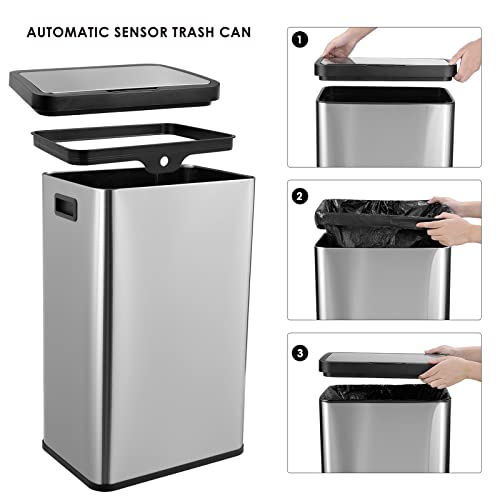 Finetones 16 Gallon Trash Can, Motion Sensor Trash Can, Stainless Steel Trash Bin With Lid, Soft Close, Automatic Waste Bin For Kitchen Living Room Office, Silver #TOP4