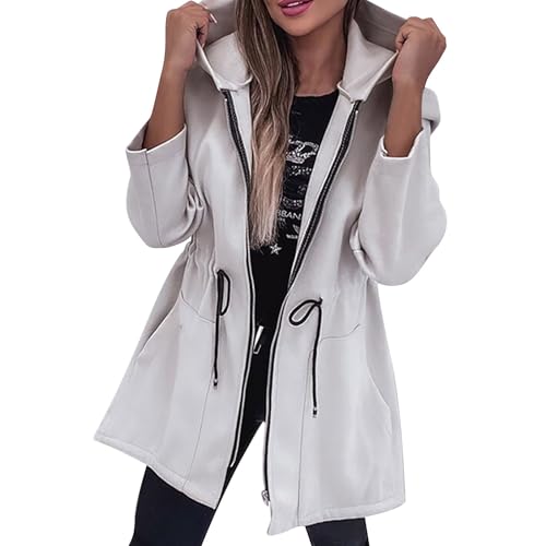 Shffuw Chaqueta Impermeable Mujerponcho Mujer Impermeable Sudadera con capucha y cremallera para mujer, manga larga, informal, con cordón en la cintura, abertura lateral, Chubasquero (White, S)