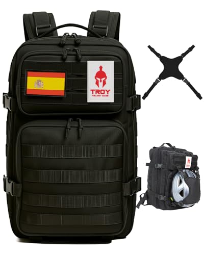 TROY HELMET BAGS Mochila táctica militar con porta casco para moto, patinete eléctrico, seguridad, patines, boxeo, escalada, bicicleta, esquí, snowboard, equitación. Bolsa crossfit gimnasio. (Negro)