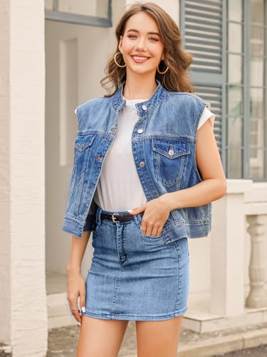 Denim Vest Women Cropped Jean Vest Top Button Down Crewneck Casual Summer Sleeveless Jean Waistcoat Jacket2