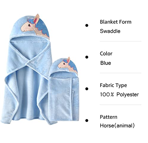 Image of TONWHAR 0-4 Years Toddlers' And Kids' Boys Girls Animal Face Hooded Blanket Baby's Bathrobe,Plush After Bath Blanket (Blue Horse)