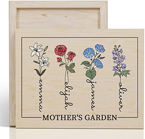 Bohva Personalized Gifts for Mom Wife Birth Month Flower with Name Mothers Garden, Custom Wall Art Print On Wood Mothers Day Anniversary Birthday Gifts from Daughter Son Husband