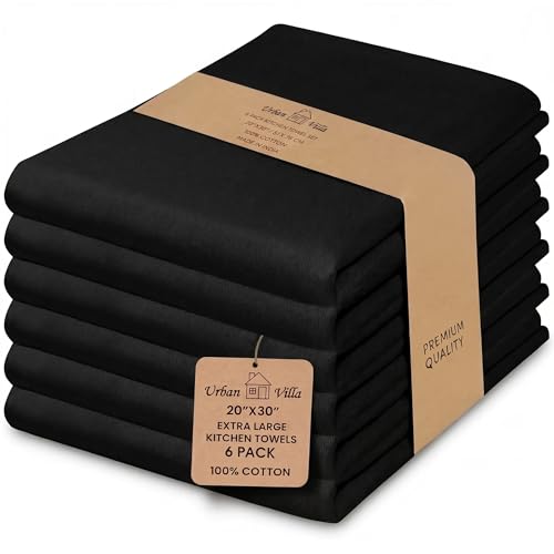 Urban Villa Kitchen Towels 100% Cotton Dish Towels for Kitchen(Set of 6) 20”x30” Dish Cloths Highly Absorbent Kitchen Linen Set with Hanging Loop Perfect for Drying Dishes Cleaning Hand Towels – Black