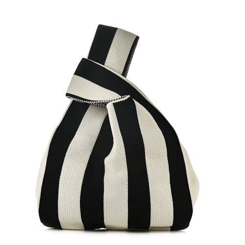 Image of Women Knitted Hobo Purse Stripes Crocheted Colorblock Knot Light Wristlet Tope-hanle Handbag For Shopping Work School